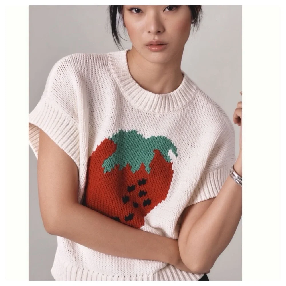 NWT Anthropologie Maeve The Pippa Crew-Neck Strawberry Sweater Cap-Sleeve XL - Picture 5 of 14